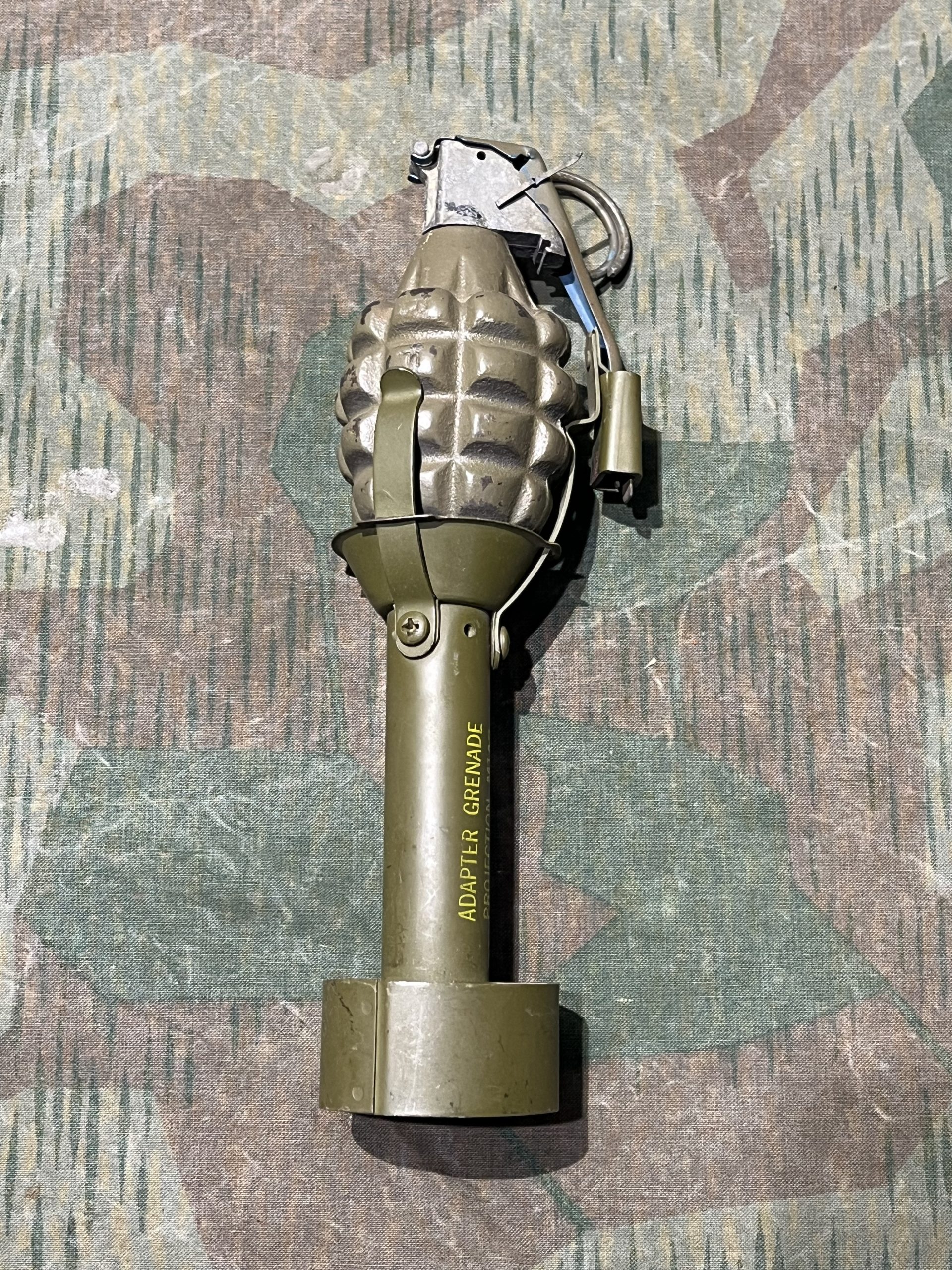 Original U.S. WWII Inert 1945 Dated M1A2 Rifle Grenade Adapter w/ Dummy Pineapple Grenade