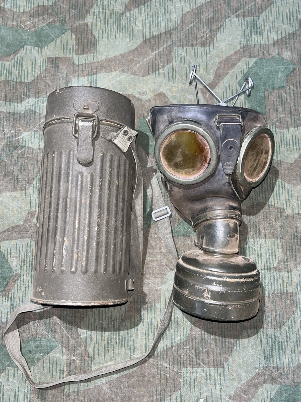 Original WW2 German GM38 Gas Mask, Filter, & Canister Marked Draeger 1939