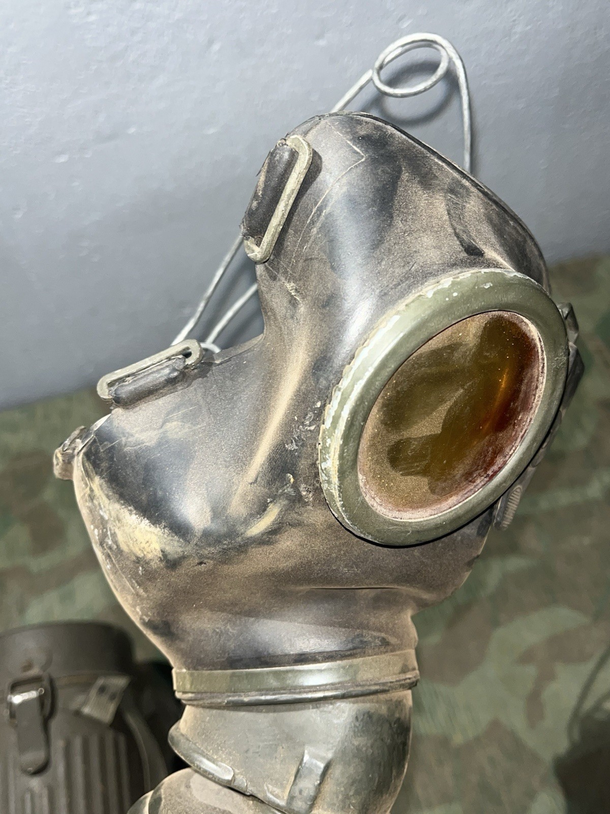 Original WW2 German GM38 Gas Mask, Filter, & Canister Marked Draeger 1939 - Image 2