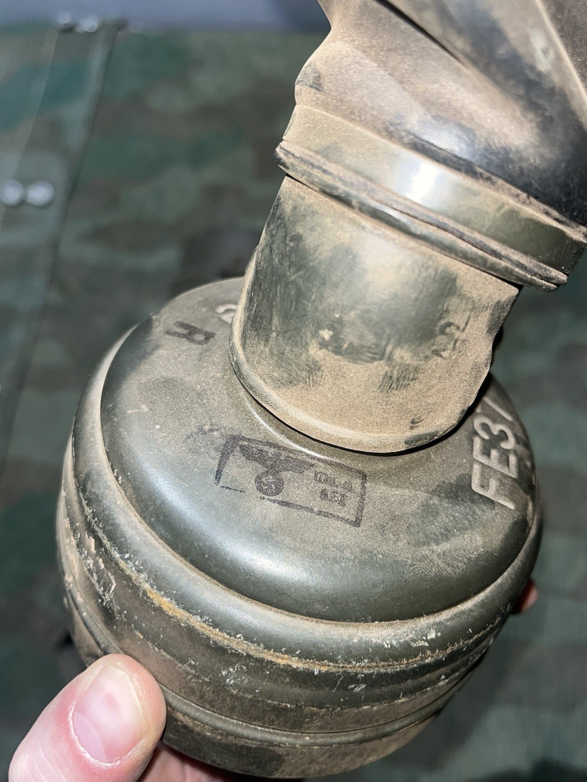 Original WW2 German GM38 Gas Mask, Filter, & Canister Marked Draeger 1939 - Image 7