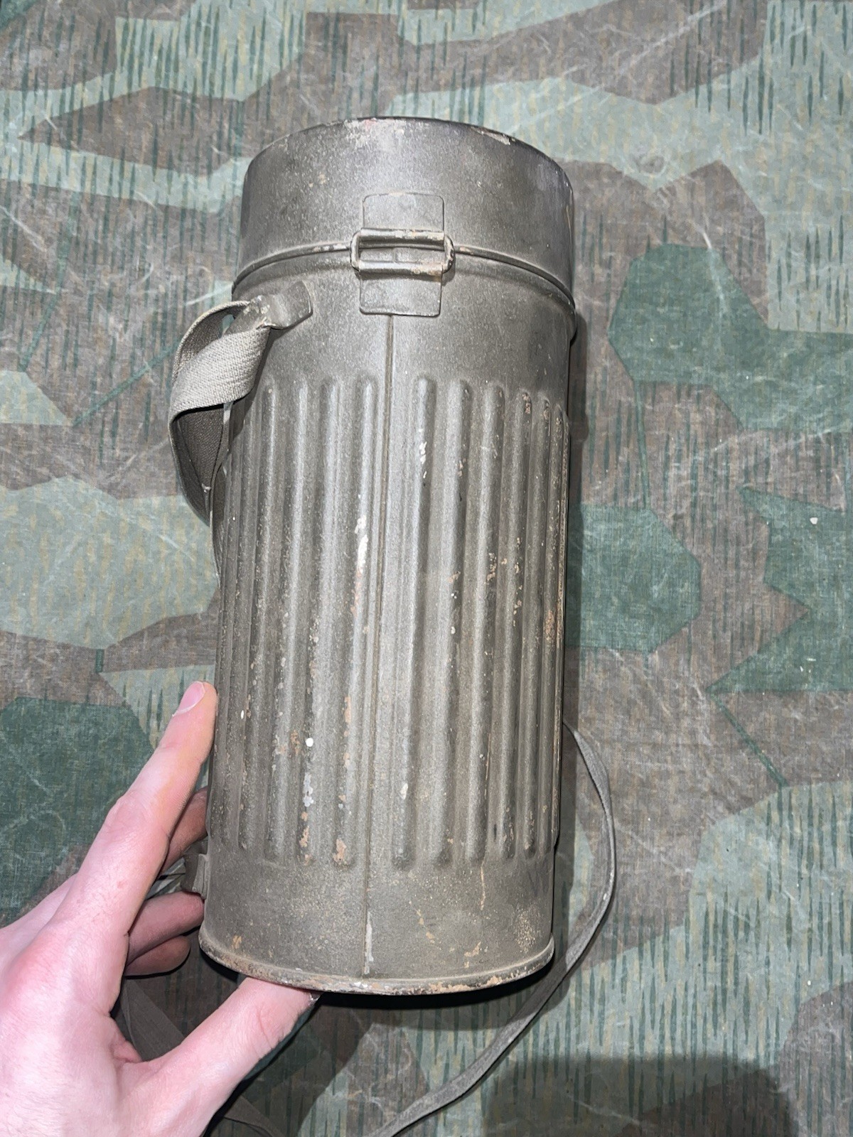 Original WW2 German GM38 Gas Mask, Filter, & Canister Marked Draeger 1939 - Image 12
