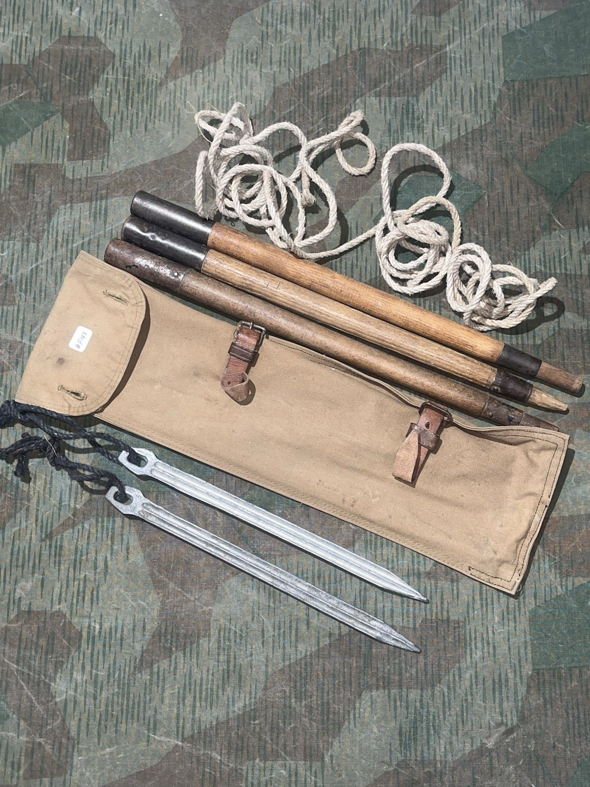 Original WW1 / WW2 German Uniform Zeltbahn 3x Tent Poles, 2x Stakes, & Case Dated 1915/16