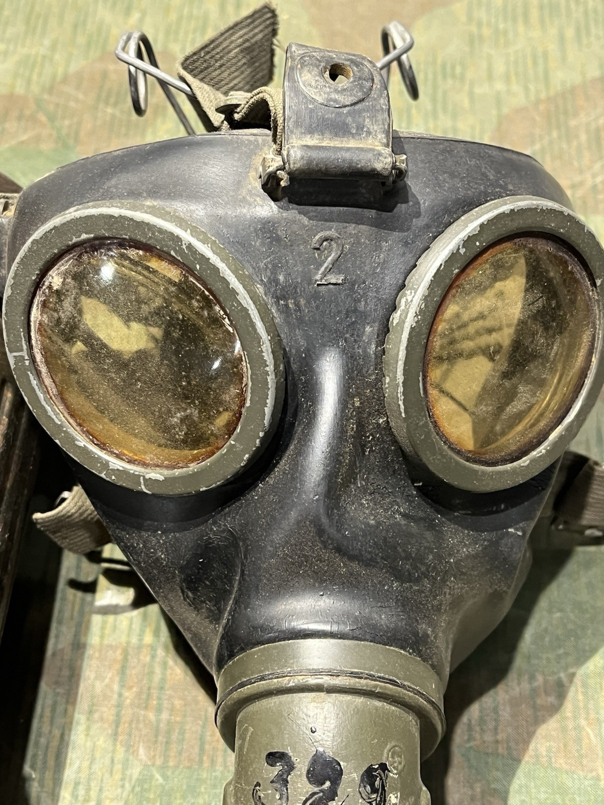 Original WW2 German GM38 Gas Mask, Filter, & Canister Marked AGO 1943 - Image 2