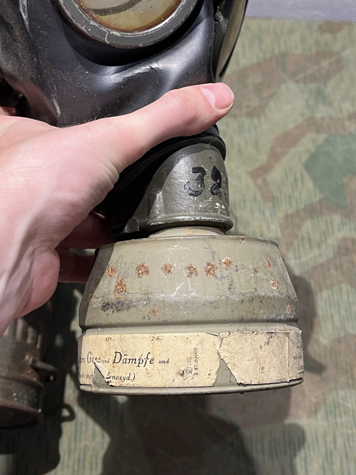 Original WW2 German GM38 Gas Mask, Filter, & Canister Marked AGO 1943 - Image 7
