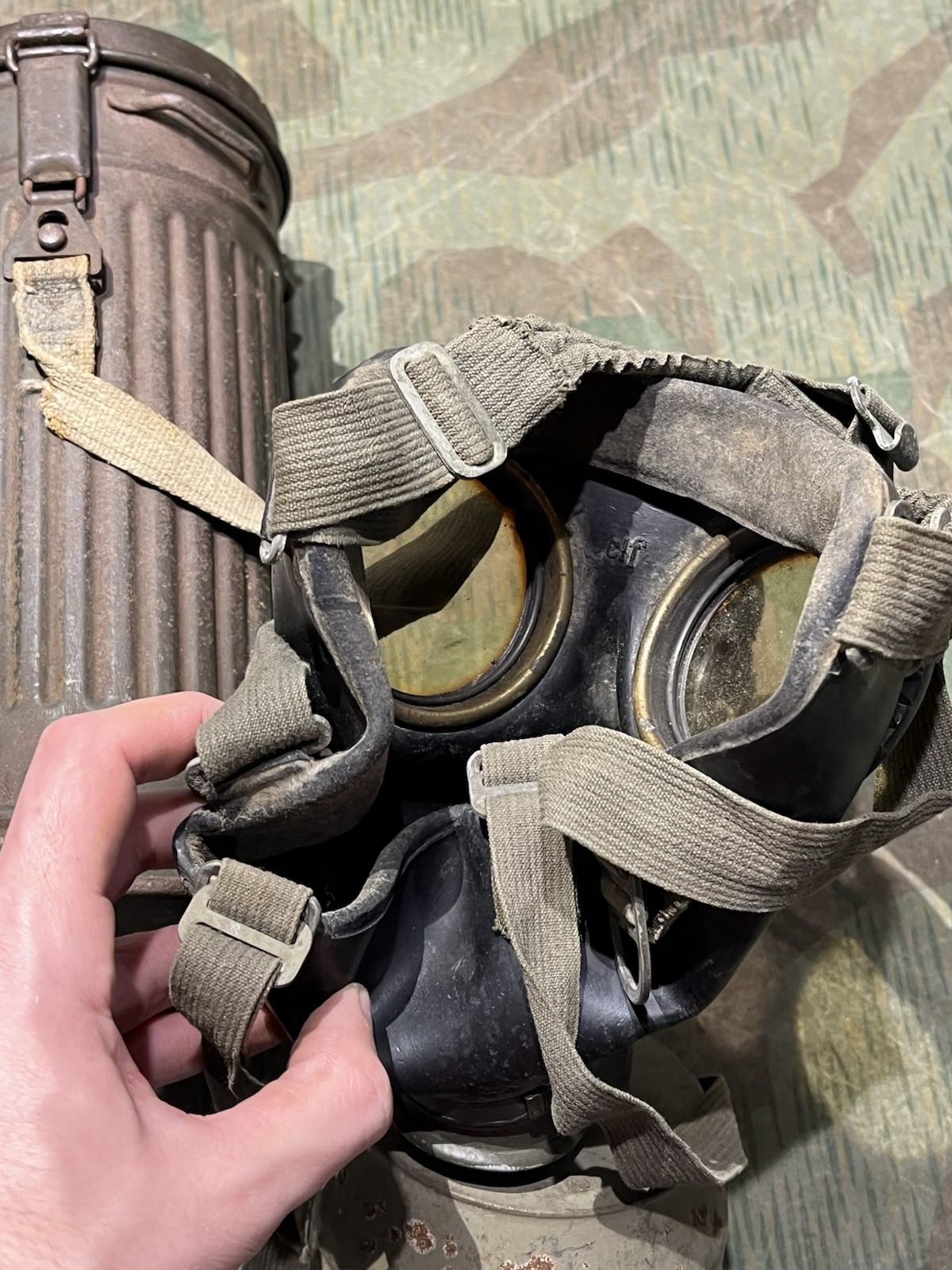 Original WW2 German GM38 Gas Mask, Filter, & Canister Marked AGO 1943 - Image 11
