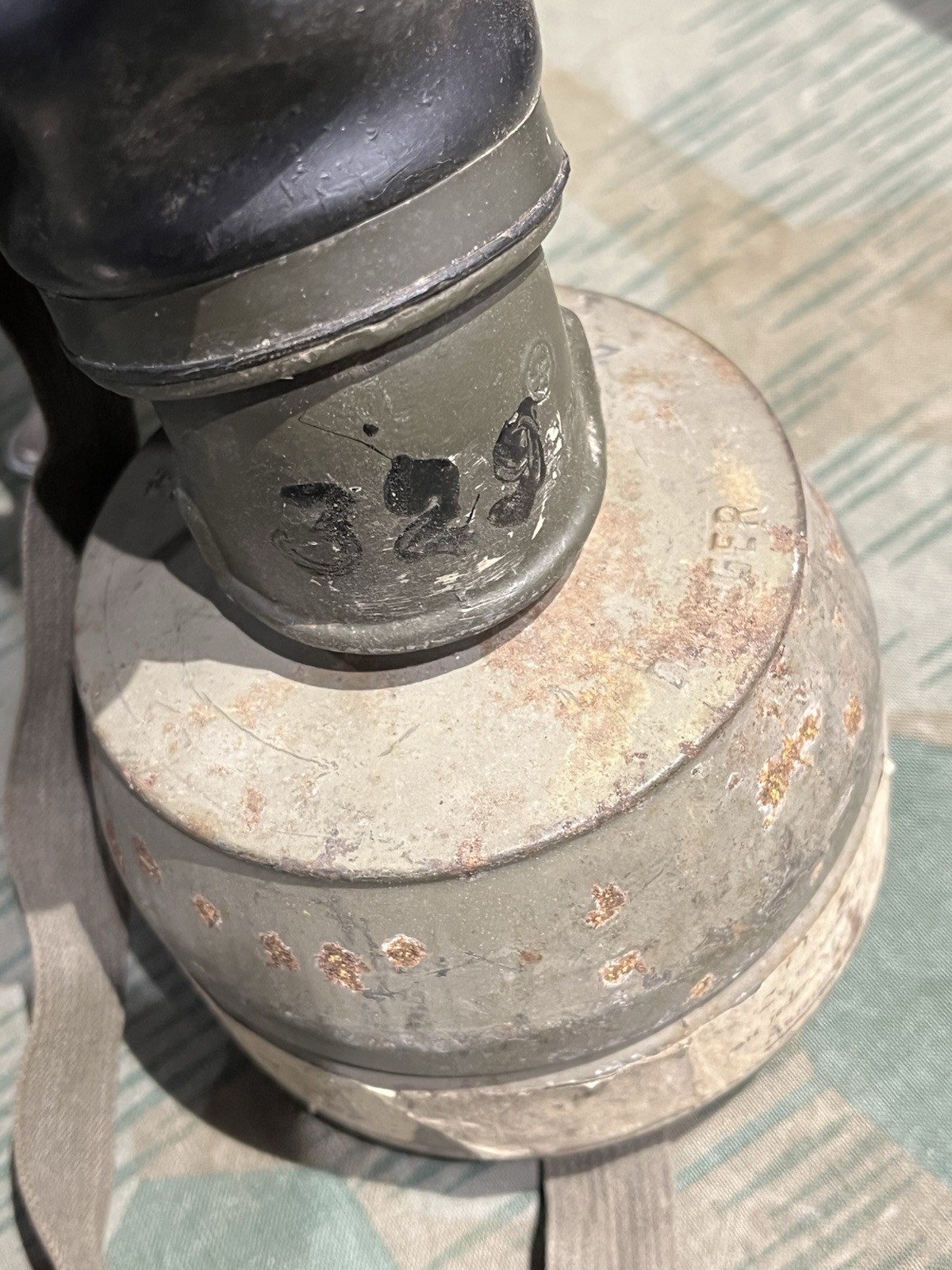 Original WW2 German GM38 Gas Mask, Filter, & Canister Marked AGO 1943 - Image 13