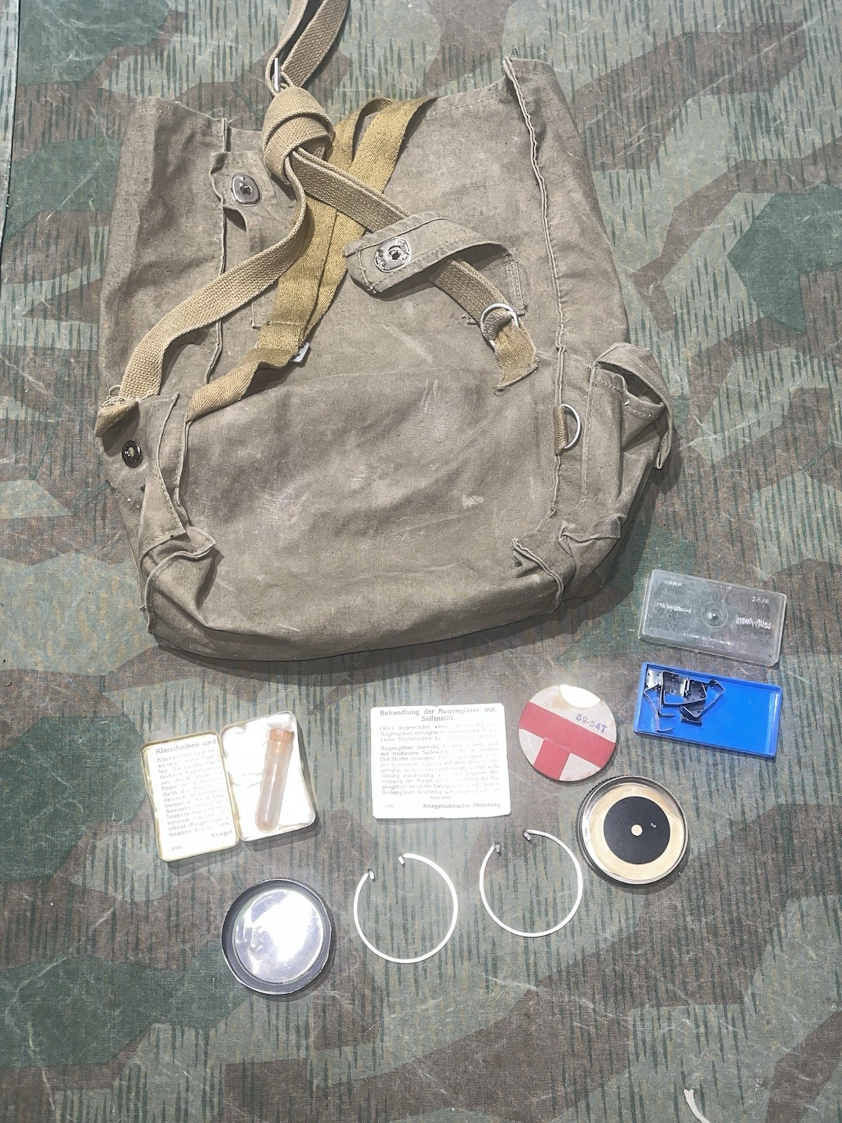 Post WW2 German Gas Mask Storage Bag w/ Accessories / Spare Parts