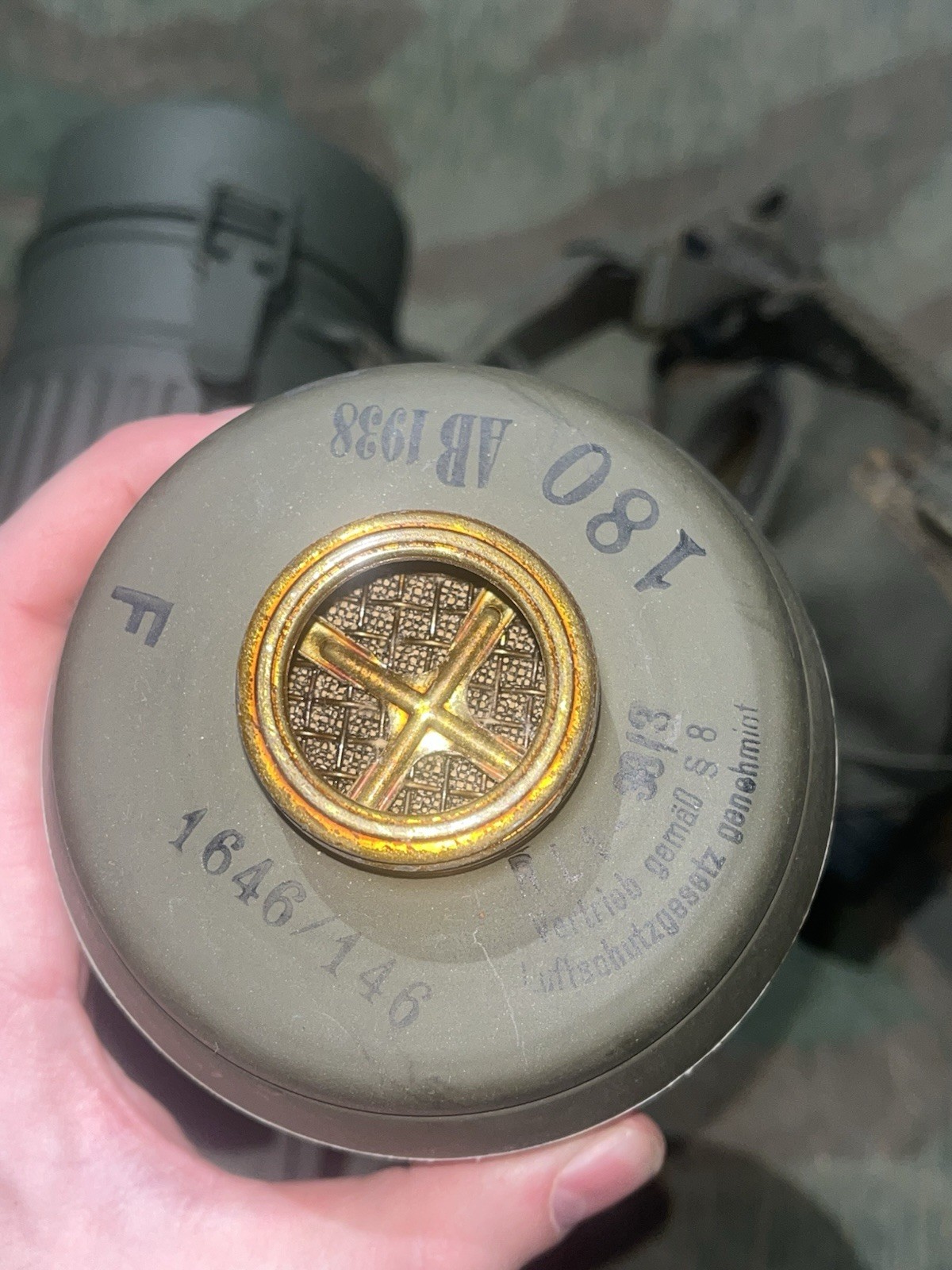 Original WW2 German GM30 Gas Mask, Filter, & Canister Marked 1938 - Image 11