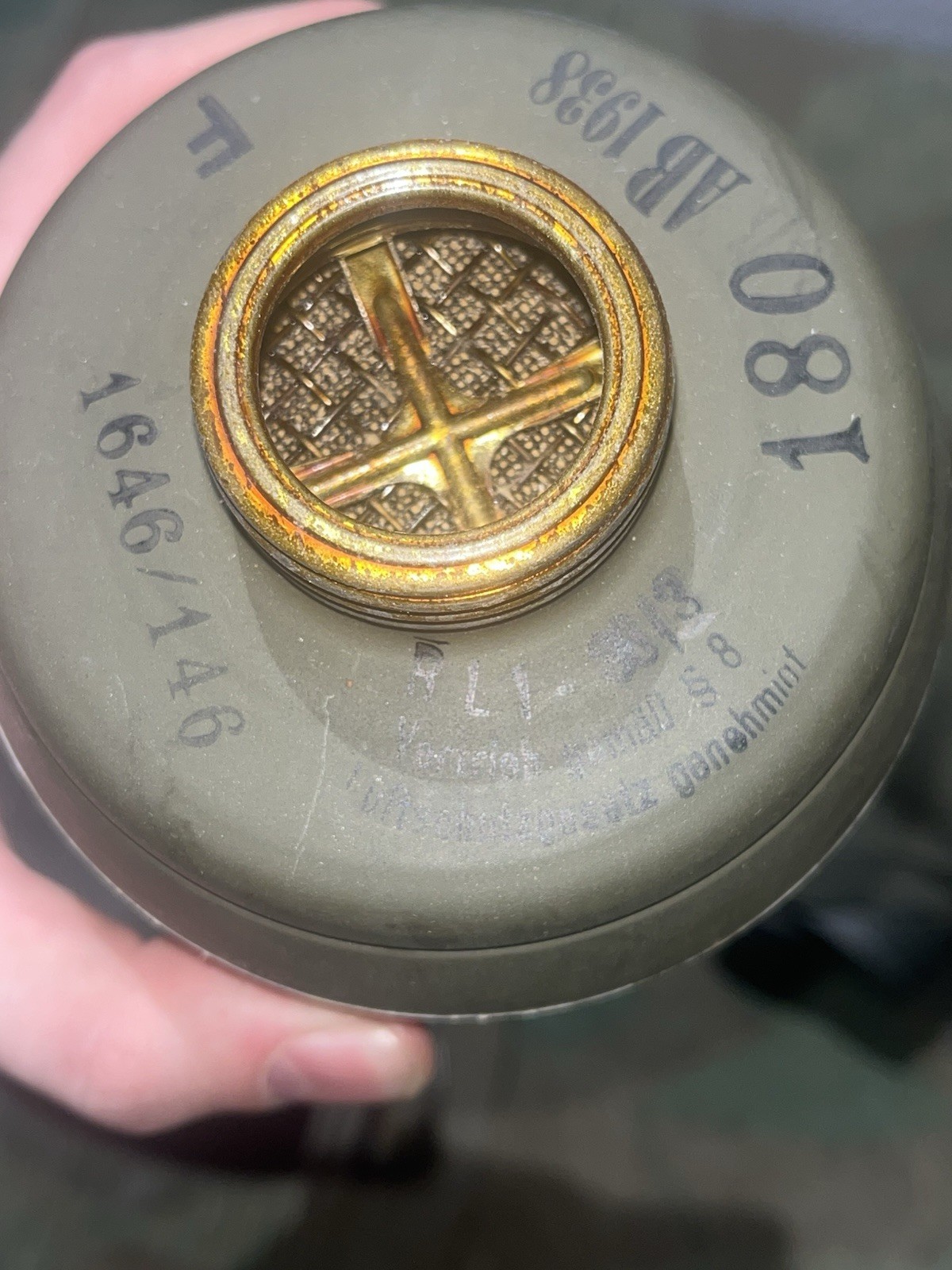 Original WW2 German GM30 Gas Mask, Filter, & Canister Marked 1938 - Image 12