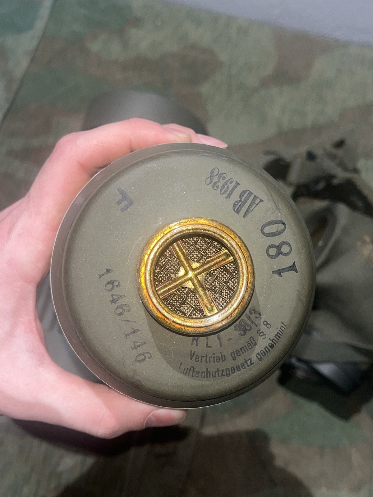 Original WW2 German GM30 Gas Mask, Filter, & Canister Marked 1938 - Image 13