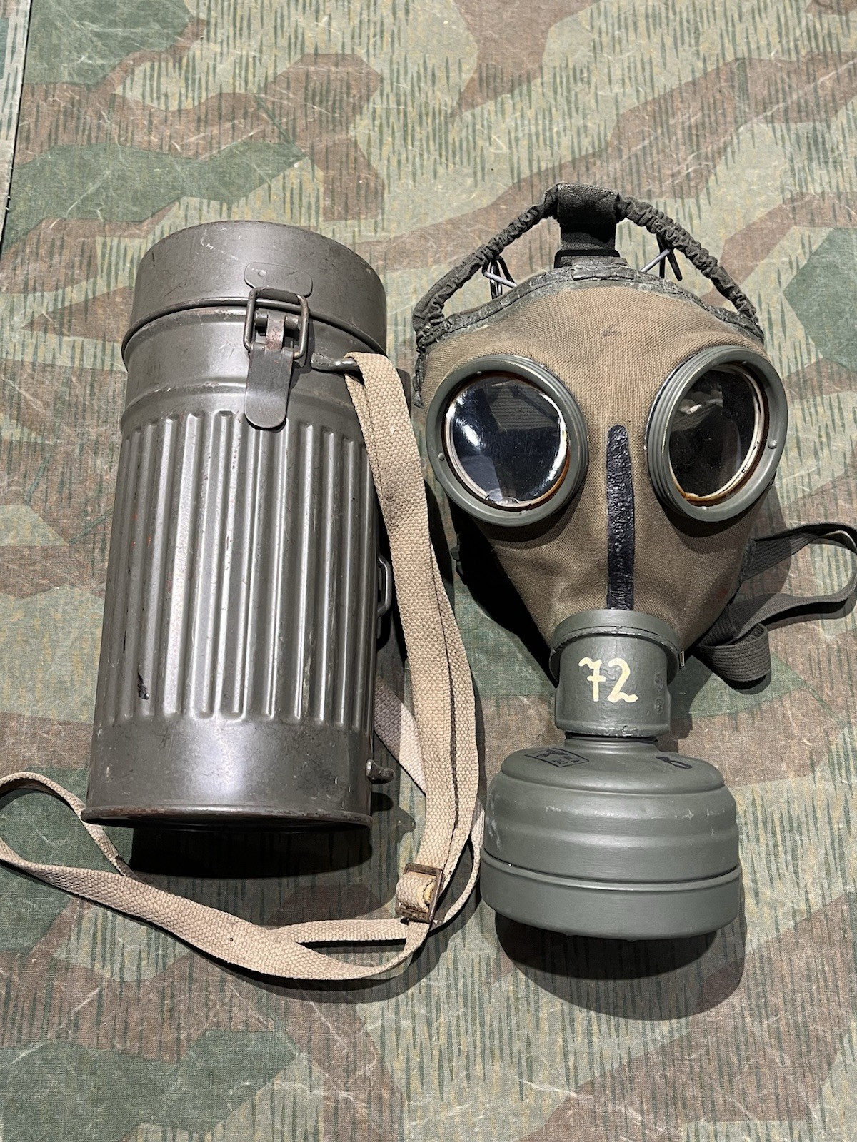 Original WW2 German GM30 Gas Mask, Filter, & Canister Marked Auer