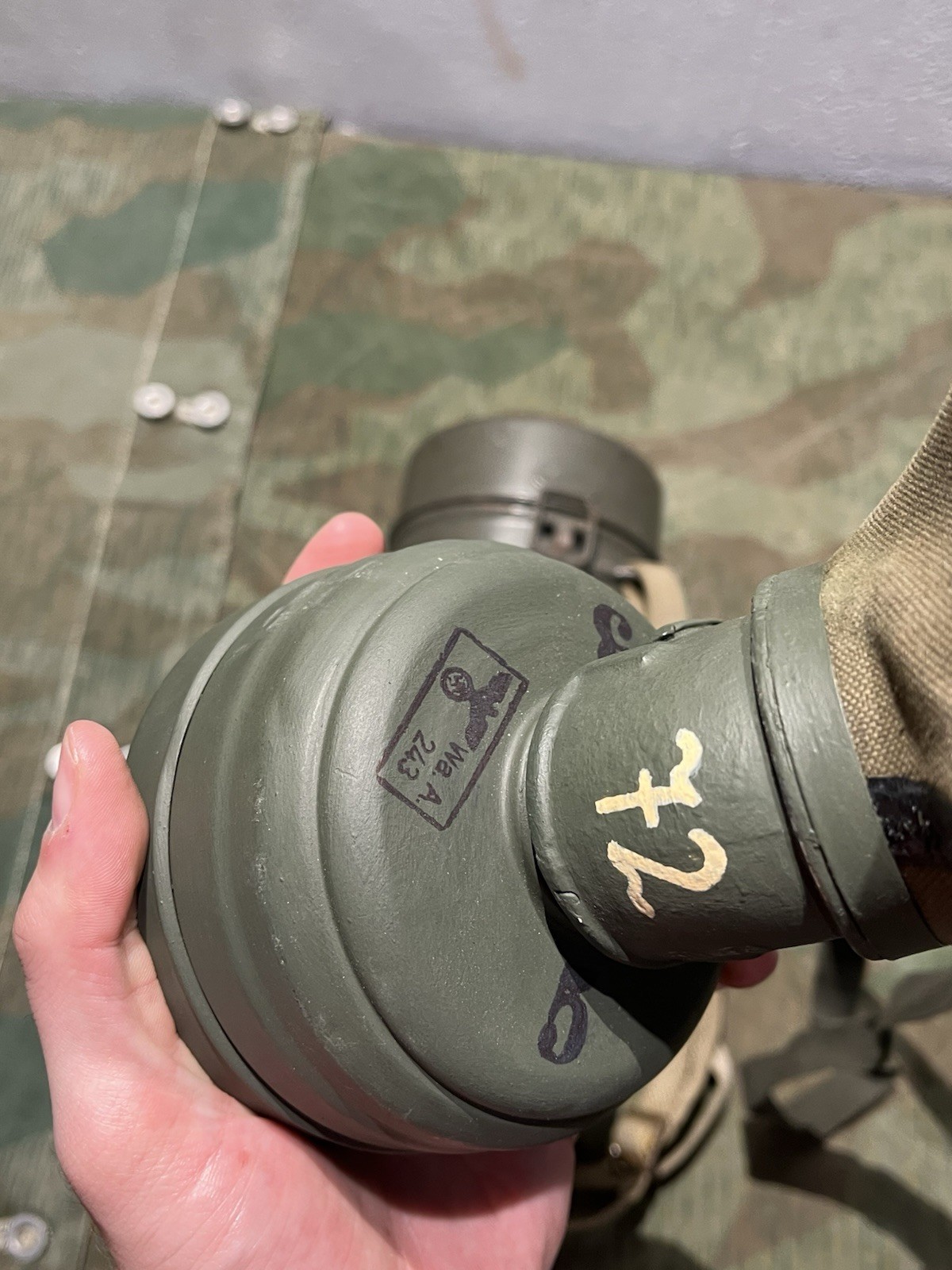 Original WW2 German GM30 Gas Mask, Filter, & Canister Marked Auer - Image 5