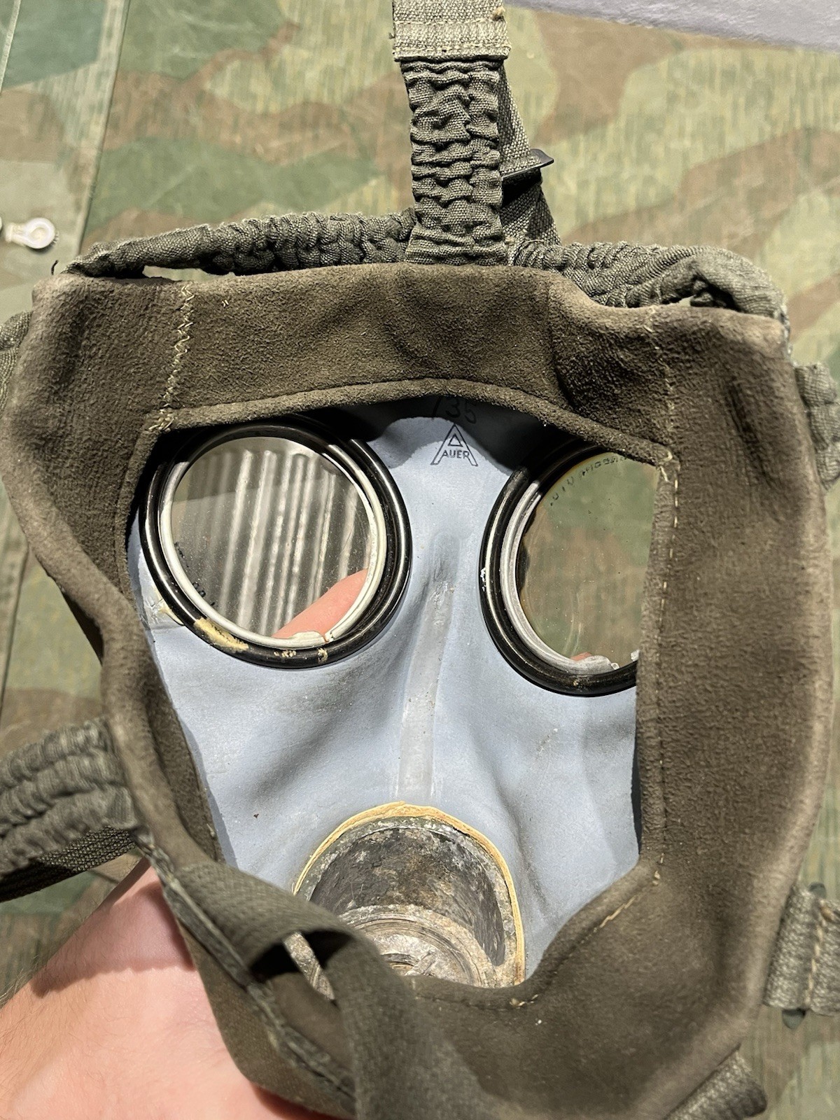 Original WW2 German GM30 Gas Mask, Filter, & Canister Marked Auer - Image 9