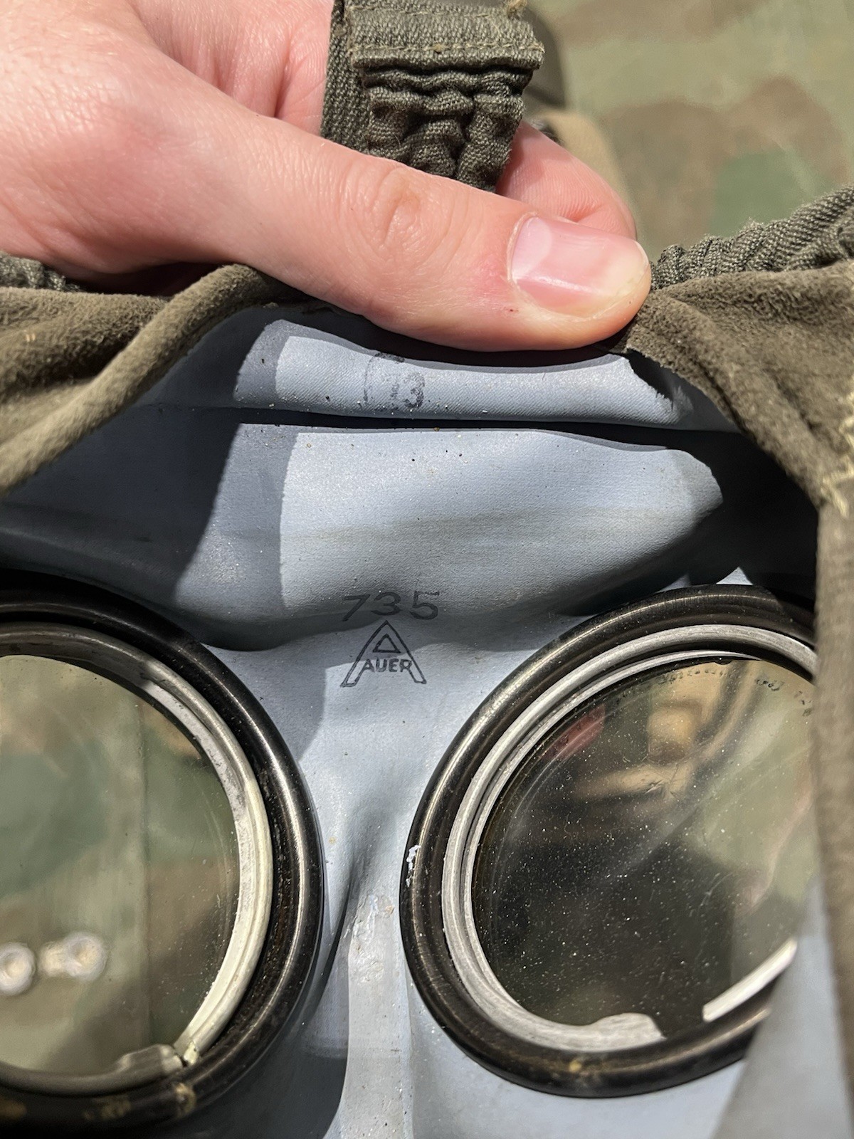 Original WW2 German GM30 Gas Mask, Filter, & Canister Marked Auer - Image 11