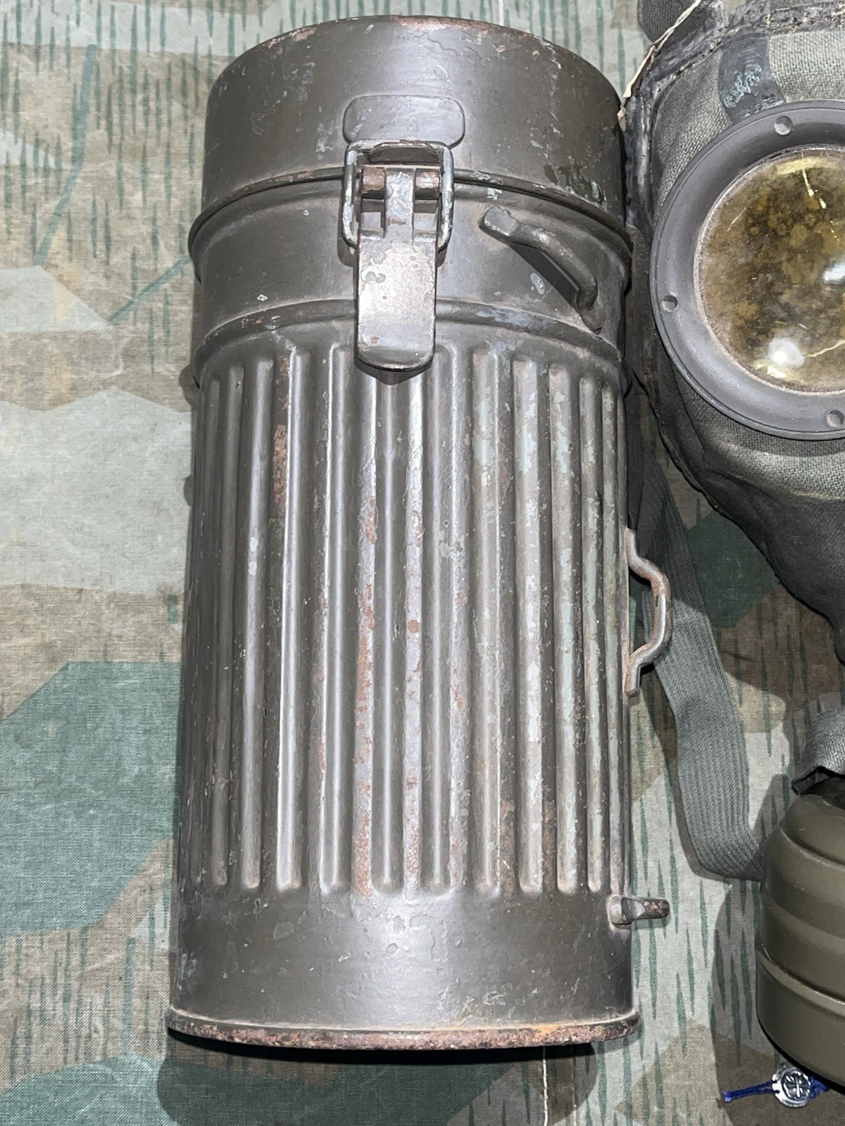Original WW2 German GM30 Gas Mask, Filter, & Canister Marked JOHNA-G 1934 - Image 2