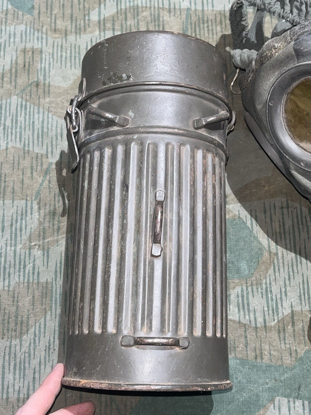 Original WW2 German GM30 Gas Mask, Filter, & Canister Marked JOHNA-G 1934 - Image 3