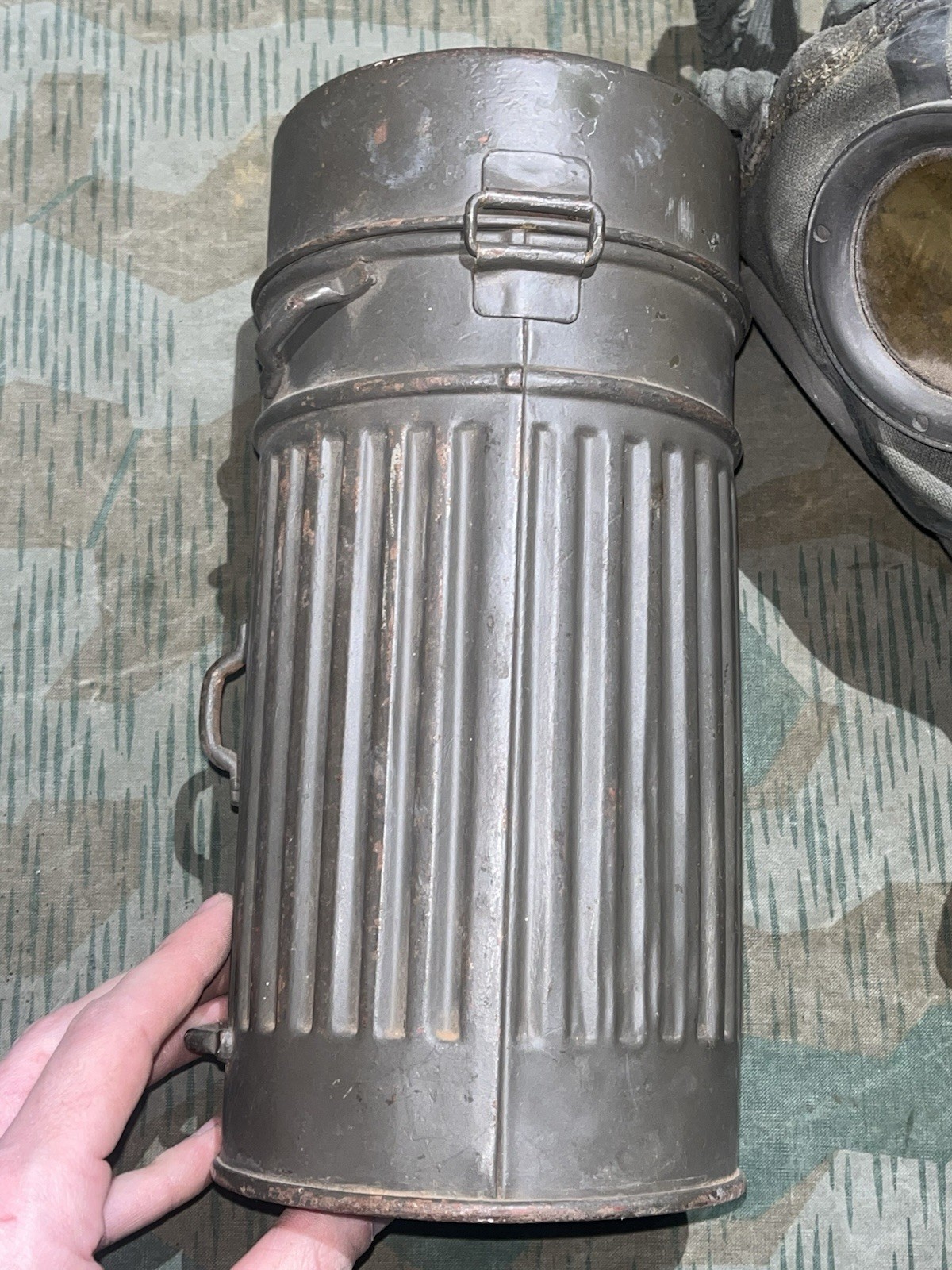 Original WW2 German GM30 Gas Mask, Filter, & Canister Marked JOHNA-G 1934 - Image 4