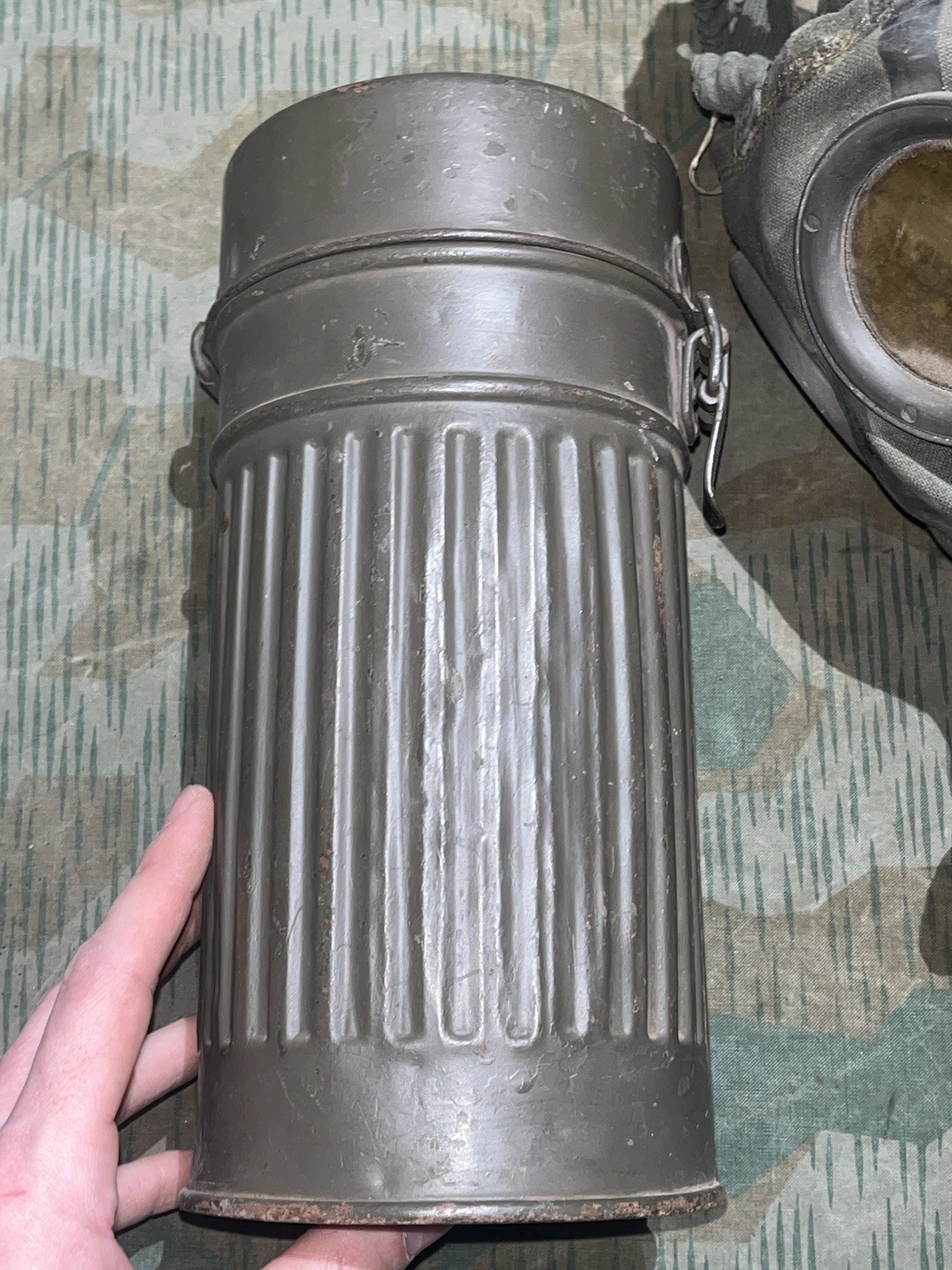 Original WW2 German GM30 Gas Mask, Filter, & Canister Marked JOHNA-G 1934 - Image 5