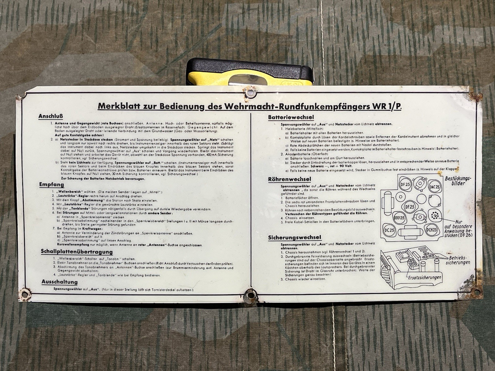 Original WW2 German Wehrmacht WR 1/P (Mar.) Radio Front Lid Diagram Schematic