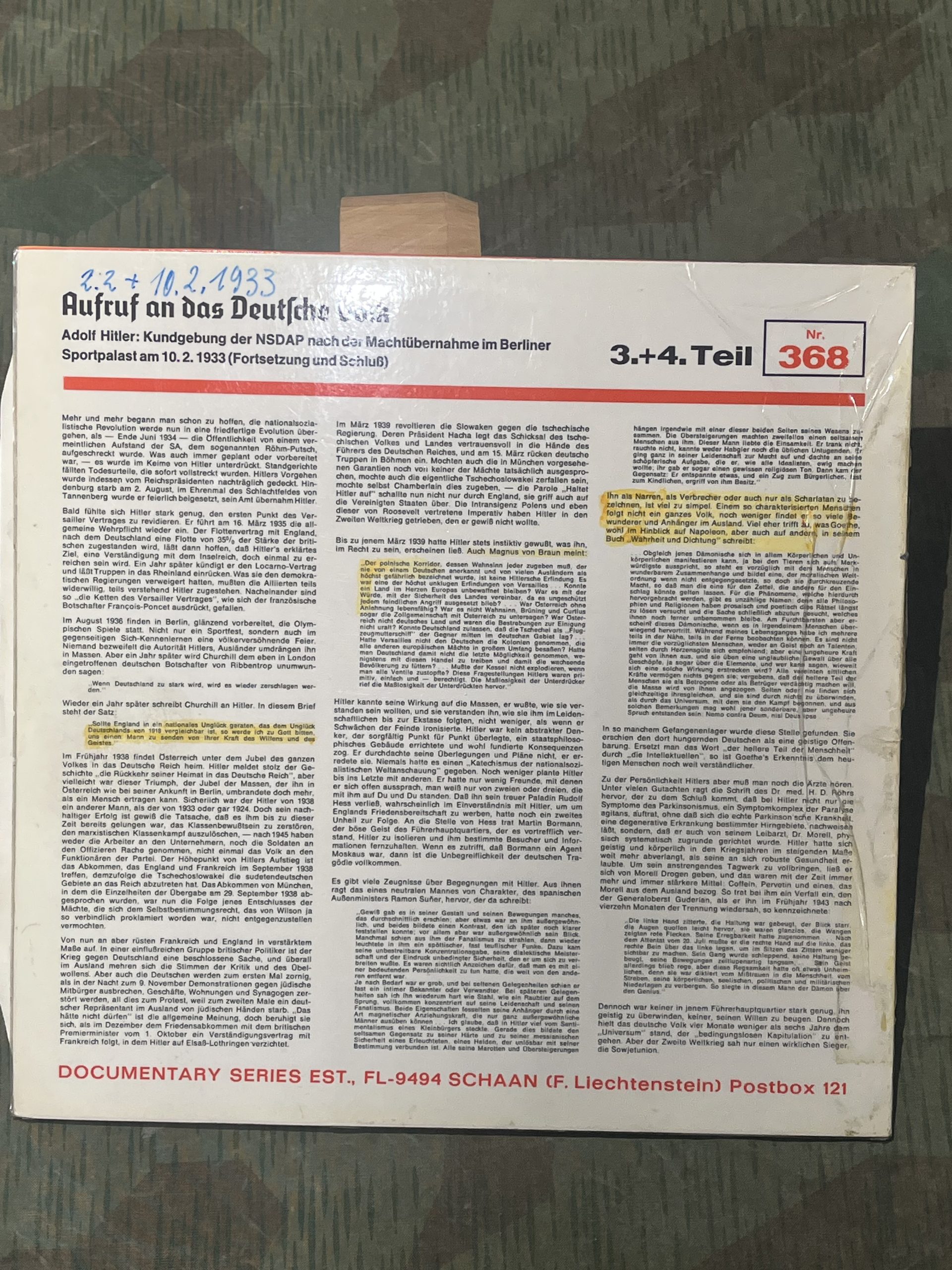 WW2 German Das Reich Lp Vinyl Adolf Hitler Speech Feb. 1 1933 "Aufruf an das Deutsche Volk" - Image 4