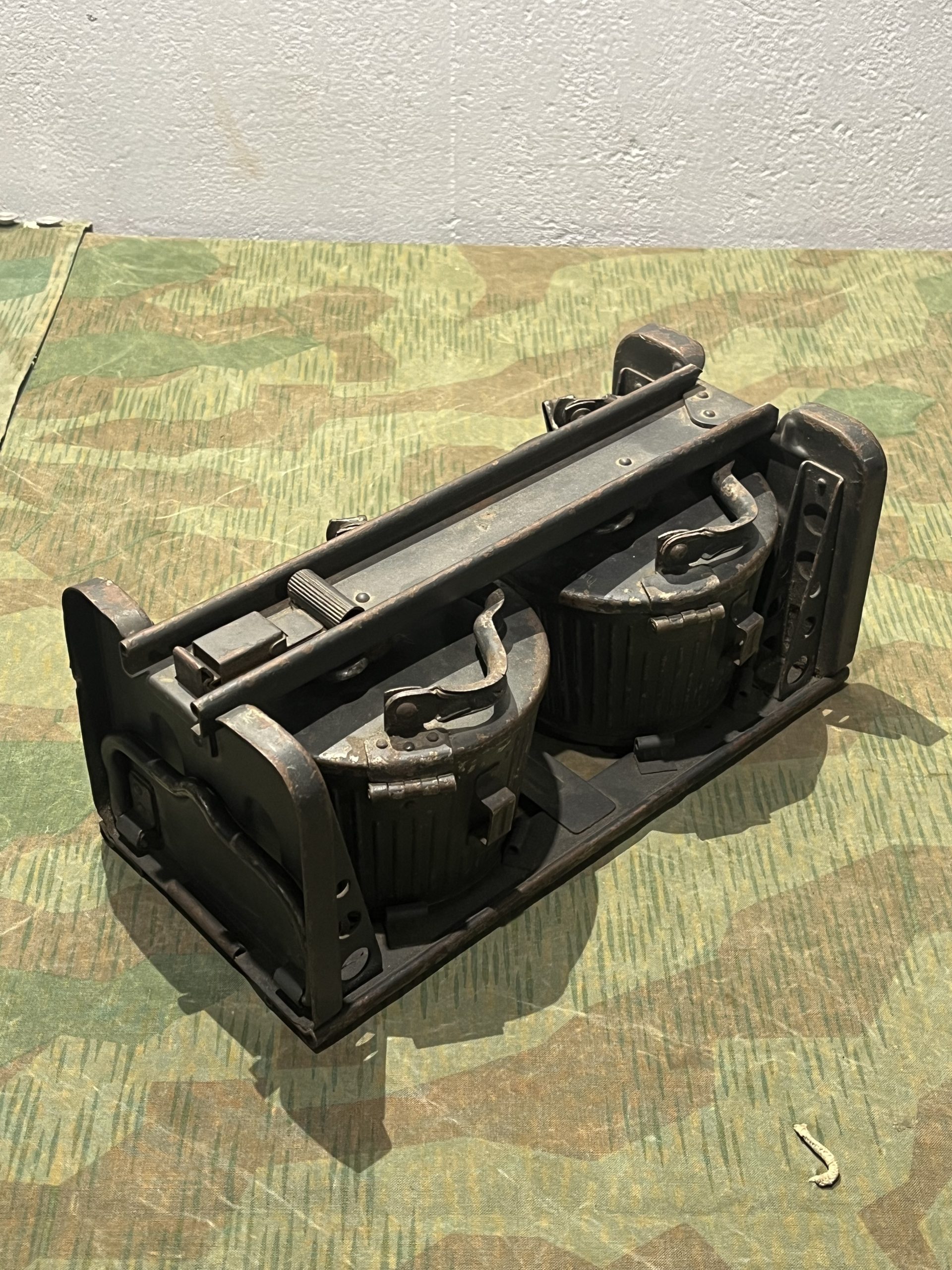Original WW2 German Mg34 Mg42 2x Drums w/ Carrier Gurttrommel Marked 963 1940 (Original Panzergrau Painted)