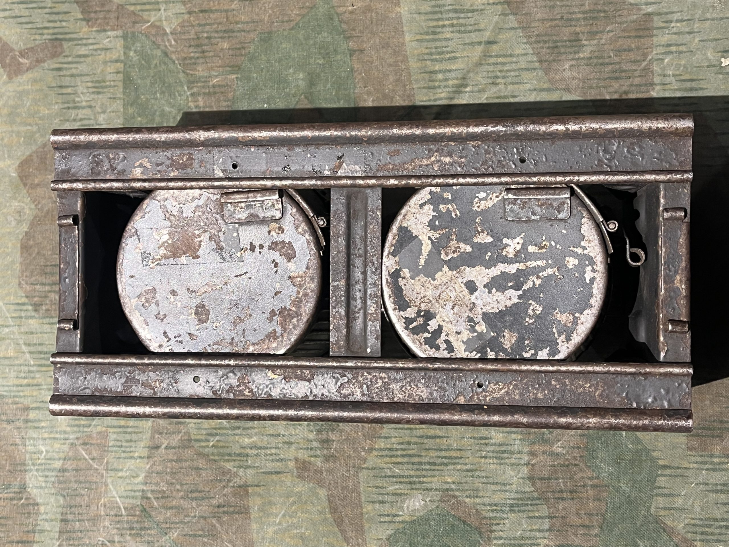 Original WW2 German Mg34 Mg42 2x Drums w/ Carrier Gurttrommel Marked 963 1940 (Original Panzergrau Painted) - Image 5